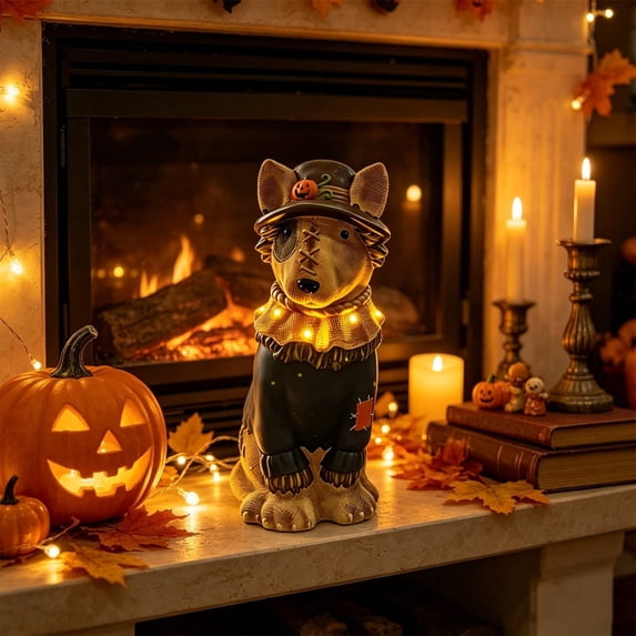 Fall Decorations for Home, 7.9in Lighted Halloween Scarecrow Dog Figurine, Resin Thanksgiving Halloween Garden Dogs Figurines for Autumn Harvest Porch Yard Garden Decor