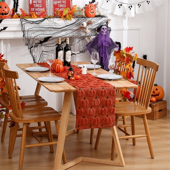 Fall Decorations for Home, Fall Table Runner Pumpkin Decor, Autumn Thanksgiving Caramel Pumpkins with Soft Plush Faux Fur Jacquard for Indoor Home Kitchen Dining Table, 13x37 Inch