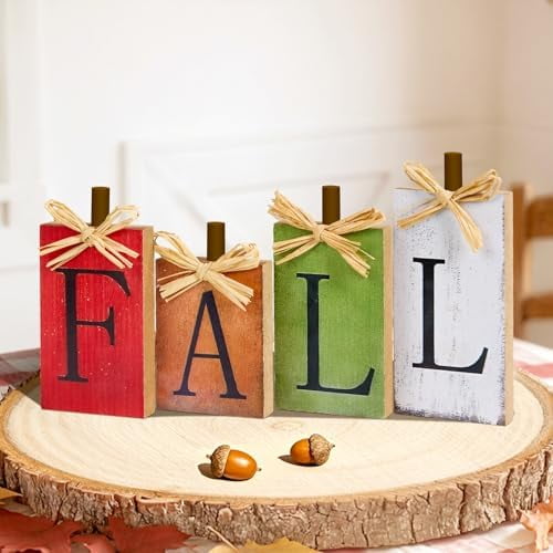 Fall Decorations for Home, Fall Thanksgiving Table Decor 4-PCS Vintage Wooden, Autumn Thanksgiving Decorations for Table Indoor Home Office Farmhouse Kitchen Room Bedroom Mantel Tiered Tray