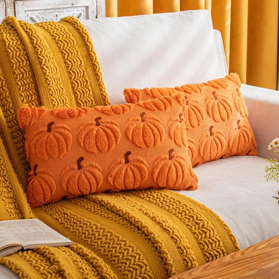 Fall Decorations for Home,Fall Throw Pillow Covers 12"x20" Set of 2, Caramel Farmhouse Thanksgiving Pumpkin Pillows Decorative, Faux Fur Pillow Covers for Couch Bed Room (Saffron)