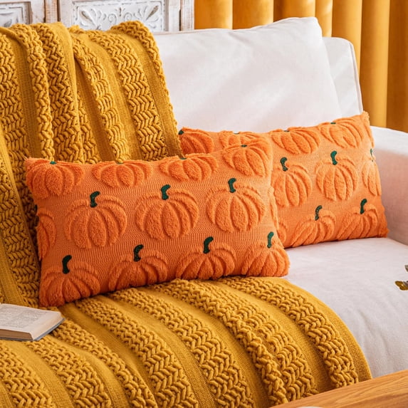 Fall Decorations for Home,Fall Throw Pillow Covers 12"x20" Set of 2, Caramel Farmhouse Thanksgiving Pumpkin Pillows Decorative, Faux Fur Pillow Covers for Couch Bed Room (Orange)