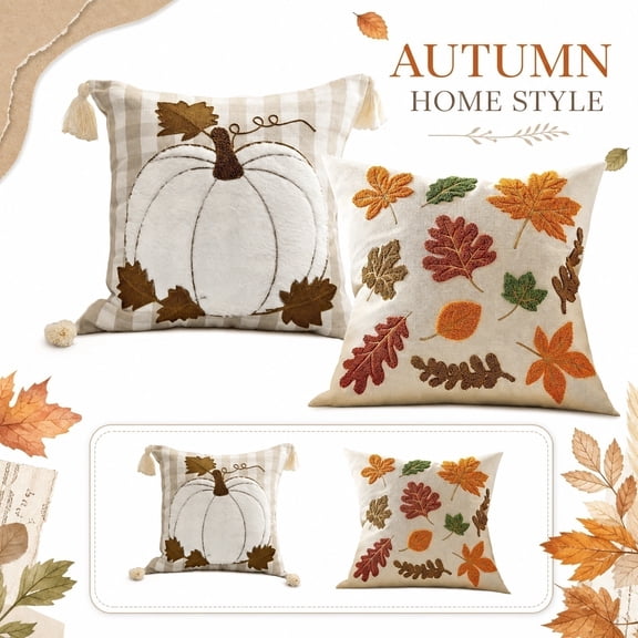 Fall Decorations for Home, Fall Throw Pillow, Halloween Fall Decor, Fall Farmhouse Decor, 18X18 Inch White Embroidered Maple Leaves Pumpkin Throw Pillow Cover, No Insert,