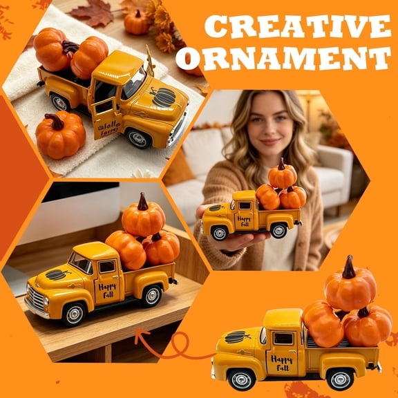 Fall Decorations for Home, Farmhouse Fall Decor, Pumpkin Decorations for Home, Fall Shelf Decor, 1Pc Vintage Yellow Truck with 3 Small Orange Pumpkins, 5X2X1.5 Inch Compact