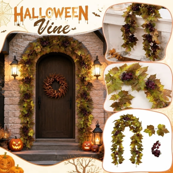 Fall Decorations for Home, Grapevine Garland, Halloween Wall Decor, Thanksgiving Decorations, 69 Inch Artificial Autumn Grape Vine with Foliage and Dark Purple Clusters for Indoor
