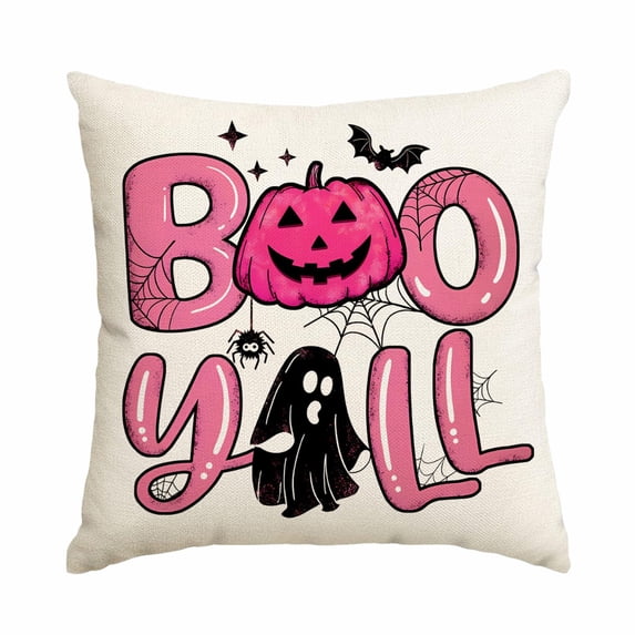 Fall Decorations for Home Halloween Pillow Covers 18X18 Set of 4 Pink Pumpkin Ghost Truck Spooky Holiday Decoration Linen Throw Cushion Cases for Sofa Patio Bed