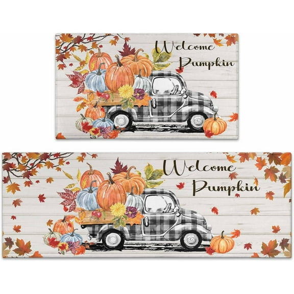 Fall Decorations for Home Fall Kitchen Rugs, Fall Kitchen Mats Set of 2, Non-Slip Backing Autumn Pumpkin Floor Mat, Fall Decor Harvest Thanksgiving Decor Holiday Rug 17"x47.2"+17"x30"