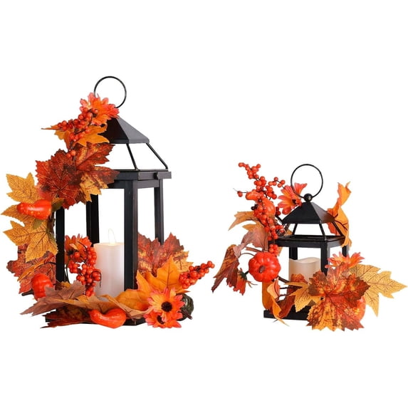 Fall Decorations for Home, LED Candle Lantern Decorative Indoor & Outdoor, Set of 2 Vintage Hanging Lanterns Fall Decor with Pumpkin Maple Vine for Patio Front Porch Thanksgiving