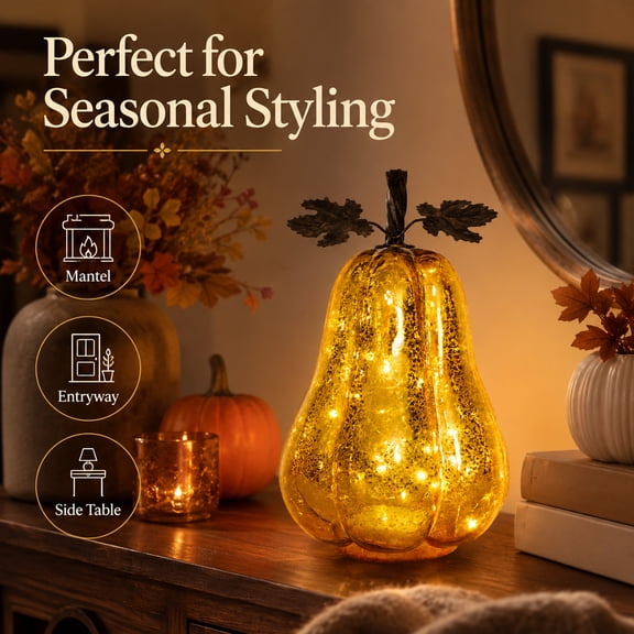 Fall Decorations for Home Mercury Glass Pumpkin Light with Timer Warm LED Ambient Lamp Battery Operated Halloween Thanksgiving Decor for Autumn Harvest Farmhouse Tabletop Mantel Ornament