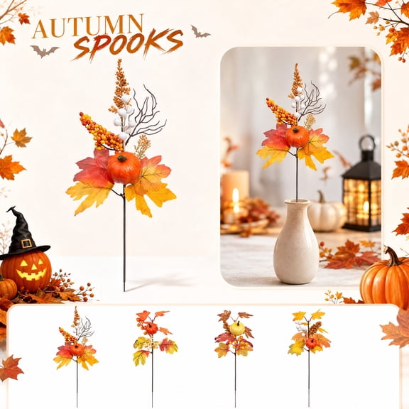 Fall Decorations for Home Outdoor, 4 Pcs Artificial Fall Leaf Stems, Fall and Halloween Decor Stems with Simulation Maple Leaves Dried Foliage and Small Pumpkin Accents, 17X7 Inch