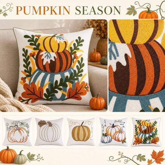 Fall Decorations for Home Porch, 18X18 Inch Embroidered Pumpkin Throw Pillow Cover, Ideal for Fall Farmhouse Living Room, Bedroom, Entryway and Seasonal Display, Soft Decorative