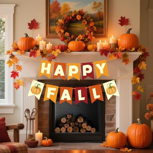 Fall Decorations for Home, Pre-Strung Happy Fall Banner, Autumn Thanksgiving Party Banner Decor for Mantel Room Office Bedroom Classroom Bulletin Board