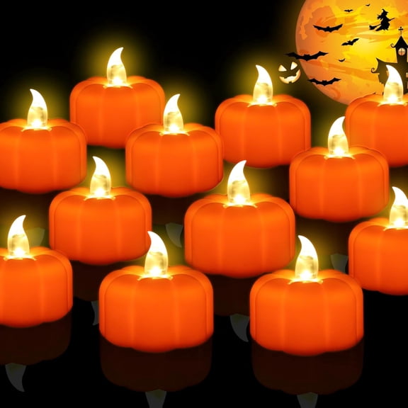Fall Decorations for Home Pumpkin Tea Lights, 12 Pack LED Orange Pumpkin Lights Flameless Candles Battery Operated, Halloween Thanksgiving Flickering Tealight Candle for Home Table Indoor Party Decor
