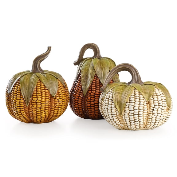 Fall Decorations for Home Pumpkins Decor, Set of 3 Resin Artificial Corn Decorative Pumpkins Figurines for Indoor Table Centerpieces Autumn Thanksgiving Halloween Decoration 6.3 Inch