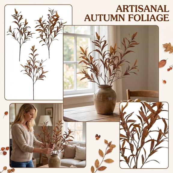 Fall Decorations for Home, Vase Fillers for Home Decor, Rustic Home Decor Brown Eucalyptus Artificial Branches, Fall Room Decor Artificial Plant Picks, 24 Inch 6 Prong Warm Brown