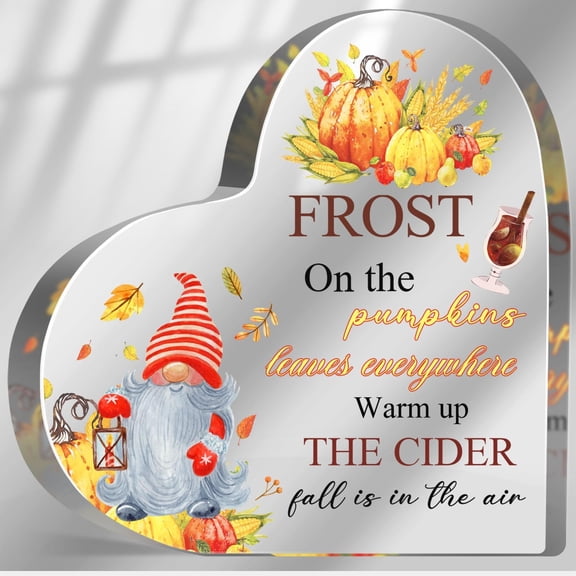 Fall Decorations Indoor, Fall Autumn Gifts for Women Men, Pumpkin Decor for Table Desk Shelf, Thanksgiving Acrylic Heart Shaped Plaques, Fall Home Desk Decor Gnomes Ornaments