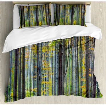 Fall Decorations King Size Duvet Cover Set, Lush Beech Fall Tree with Tall Bodies Wilderness Rural Countryside Design, Decorative 3 Piece Bedding Set with 2 Pillow Shams, Grey Yellow, by Ambesonne