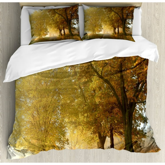 Fall Decorations King Size Duvet Cover Set, Rural Landscape on a Misty Fog Morning in Countryside Set Idyllic Theme, Decorative 3 Piece Bedding Set with 2 Pillow Shams, Green Yellow, by Ambesonne
