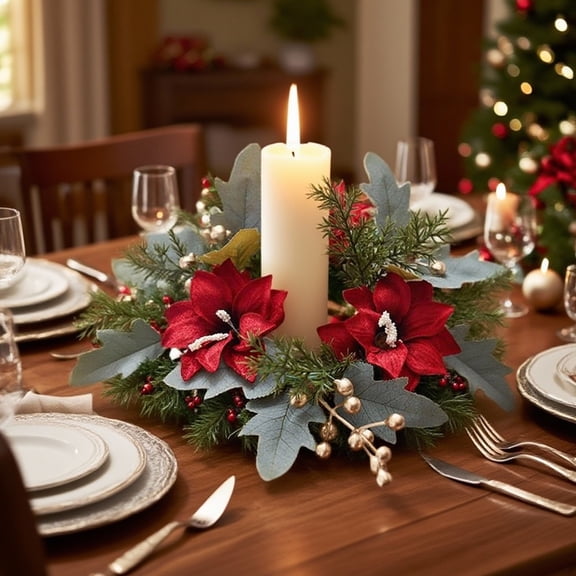 Christmas Candlestick Wreath,White & Red Pine Cones Holiday Candle Centerpiece,Festive Table Decor for Christmas Home Entryway Tabletop Decoration,Long-Lasting Reusable Holiday Ornament-C