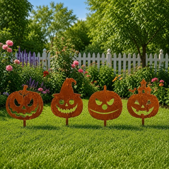 Fall Decorations Outdoor, 2D Rusted Metal Pumpkin Yard Stakes, Jack‑O‑Lantern Silhouette for Halloween Lawn Garden Fall Decor