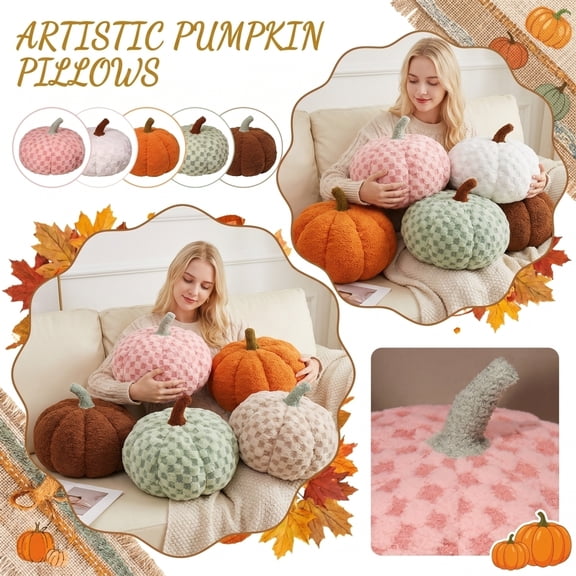 Fall Decorations Pumpkin Pillow, Polka Dot Art Cushion with 3D Stem, 11.8x9.8 Inch Cotton-Linen Sofa Backrest for Living Room & Bedroom Coffee
