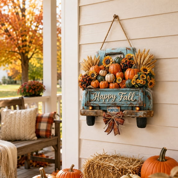 Fall Decorations Pumpkin Sunflower Truck Door Sign for Front Door Farmhouse Wooden Happy Fall Truck Door Hanger Welcome Hanging Sign for Autumn Harvest Thanksgiving Outdoor Indoor Wall Home Decor