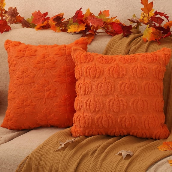 Fall Decorations Set of 2 Double-Sided Fall Pillow Covers 18" x 18", with 2 Different Looks, Orange Pumpkin & Leaf, Soft Plush Faux Fur Throw Pillow Covers for Home Decor