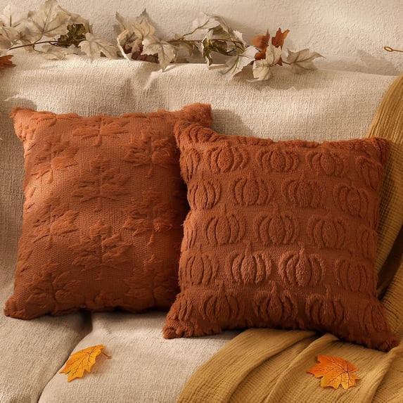 Fall Decorations Set of 2 Double-Sided Fall Pillow Covers 18" x 18", with 2 Different Looks, Rust Pumpkin & Leaf, Soft Plush Faux Fur Throw Pillow Covers for Home Decor