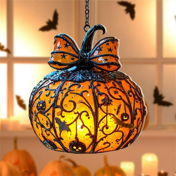 Taicans Fall Decorations Spooky Halloween Decorations,Pumpkin Lantern Glass Bow Metal Scrollwork Stained Glass Suncatcher Witch Hat Pumpkin Light for Door/Wall/Trees Fall Hanging Decor,Trick-or-Treat