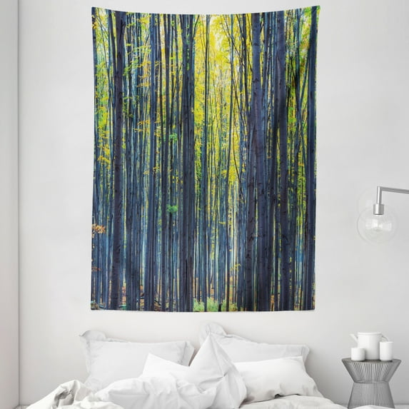 Fall Decorations Tapestry, Beach Autumn Forest with Thin Deciduous Trees European Wilderness Image , Wall Hanging for Bedroom Living Room Dorm Decor, 60W X 80L Inches, Grey Green, by Ambesonne