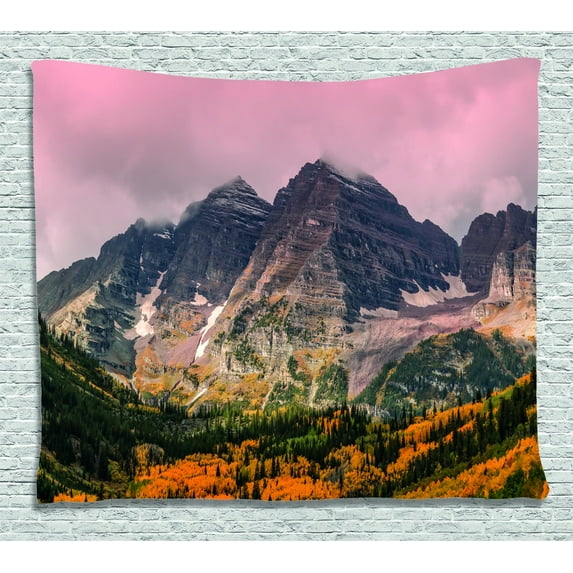 Fall Decorations Tapestry, Idyllic Mountain with Snowy Peaks and Hazy Cloudy Sky on the High Valley Decor, Wall Hanging for Bedroom Living Room Dorm Decor, 80W X 60L Inches, Multi, by Ambesonne