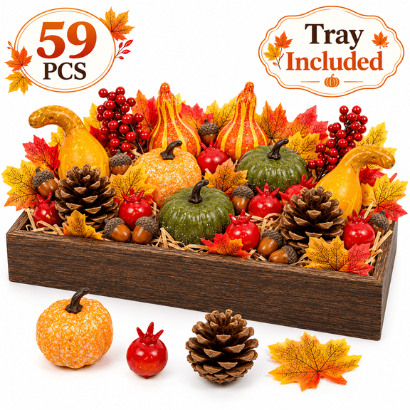 Fall Decorations for Home Artificial Pumpkins Gourds Leaves Berries Acorns with Wooden Tray for Thanksgiving Centerpiece