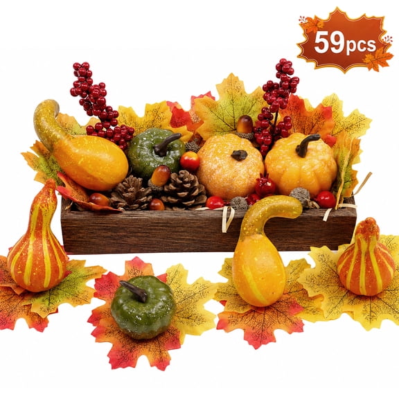 Fall Decorations for Home Artificial Pumpkins Gourds Leaves Berries Acorns with Wooden Tray for Thanksgiving Centerpiece
