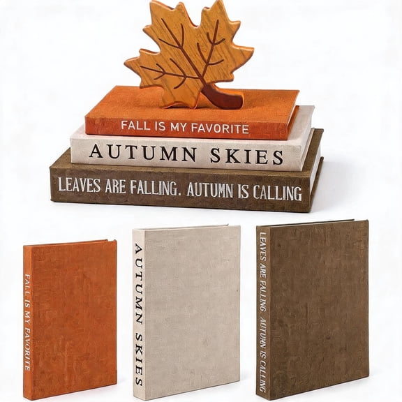 Fall Decorative Faux Books Set with Linen Nesting Storage Boxes Maple Leaf Style