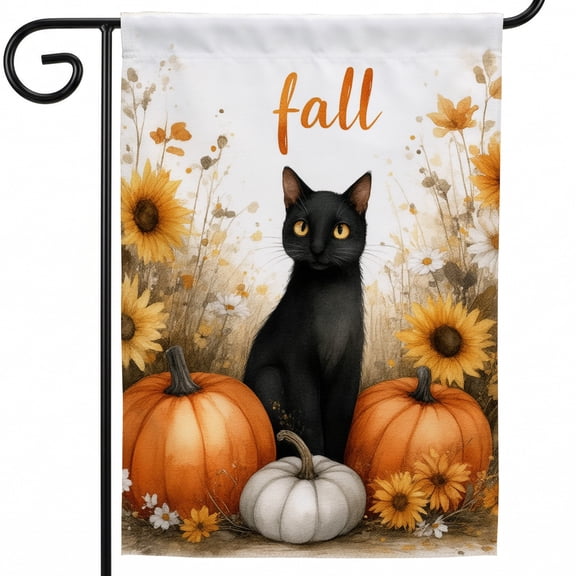 Fall Decorative Flags 28 x 40 A black cat sitting in a field of pumpkins and sunflowers Hello Fall Decor