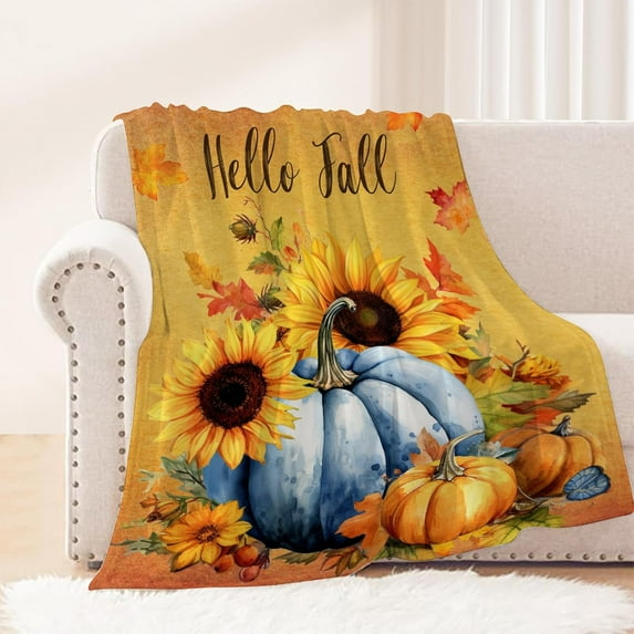 Fall Decorative Throw Blanket Orange Thanksgiving Autumn Blue Pumpkin Sunflower Throw Blanket for Couch Sofa Bed Lightweight Fuzzy Cozy Soft Fleece Blankets and Throws 50x60