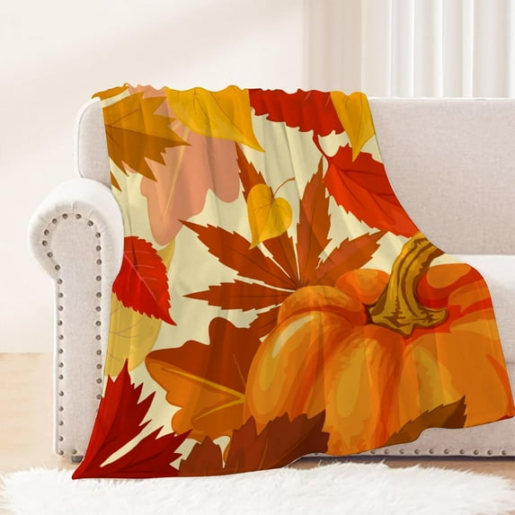 Fall Decorative Throw Blanket Twin Blanket Orange Thanksgiving Autumn Pumpkin Leaf Blanket for Couch Sofa Bed Outdoor Lightweight Fuzzy Soft Plush Fleece Blankets and Throws 60x80