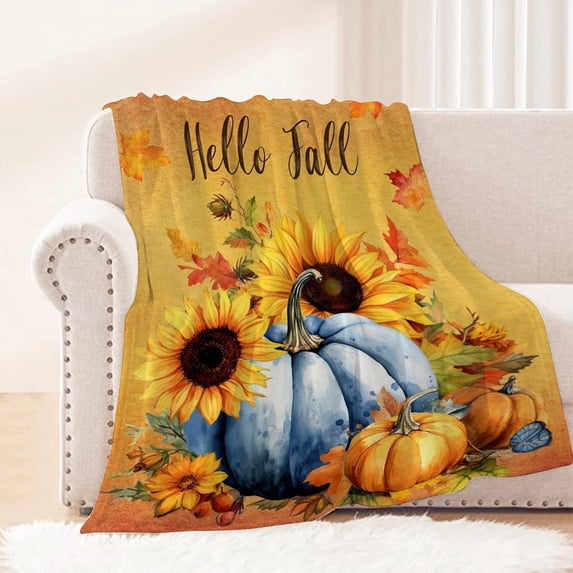 Fall Decorative Throw Blanket Twin Orange Thanksgiving Autumn Blue Pumpkin Sunflower Blanket for Couch Sofa Bed Outdoor Lightweight Fuzzy Soft Fleece Blankets and Throws 60x80