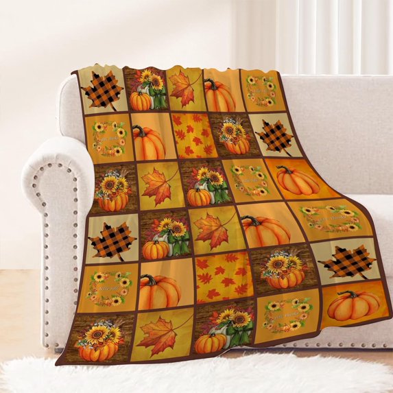 Fall Decorative Throw Blanket Twin Plaid Thanksgiving Autumn Pumpkin Maple Leaf Blanket for Couch Sofa Bed Outdoor Lightweight Fuzzy Soft Cozy Fleece Blankets and Throws 60x80