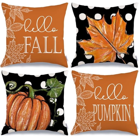 Fall Decorative Throw Pillow Covers 16 x 16 Inch Set of 4, Hello Pumpkin Maple Leaves Fall Decor Outdoor Farmhouse Pillow Cases for Home Couch (Orange Color)