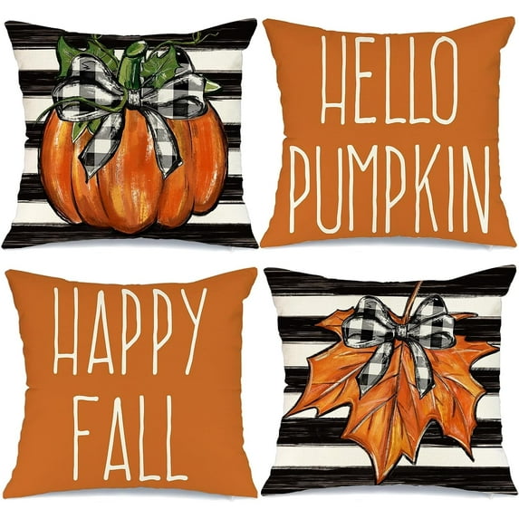 Fall Decorative Throw Pillow Covers 16 x 16 Inch Set of 4, Stripes Hello Pumpkin Happy Fall Decor Outdoor Farmhouse Pillow Cases for Home Couch (Orange Color) G338-16