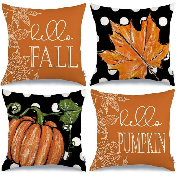 Fall Decorative Throw Pillow Covers 18 x 18 Inch Set of 4, Hello Pumpkin Maple Leaves Fall Decor Outdoor Farmhouse Pillow Cases for Home Couch (Orange Color) G339-18
