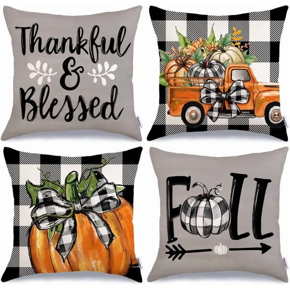 Fall Decorative Throw Pillow Covers 18x18 Inch Set of 4, Pumpkins Thankful Blessed Buffalo Plaid Grey Fall Decor Outdoor Farmhouse Cushion Cases for Home