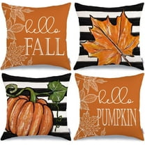 Fall Decorative Throw Pillow Covers 20 x 20 Inch Set of 4, Hello Pumpkin Maple Leaves Stripes Fall Decor Outdoor Farmhouse Pillow Cases for Home Couch (Orange Color) G340-20