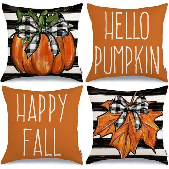 Fall Decorative Throw Pillow Covers 20 x 20 Set of 4, Stripes Hello Pumpkin Happy Fall Decor Outdoor Farmhouse Pillow Cases for Home Couch (Orange Color) G338-20