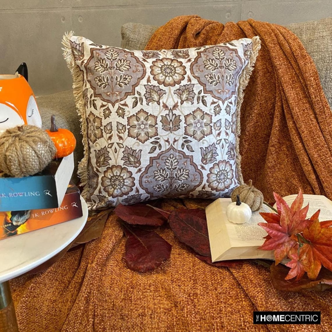 Fall Decorative Throw Pillow cover Beige & Gray 22"x22" (55x55 cm) Velvet Art Deco, Autumn Decor, Fall Decor, Printed, Lace Pillow cover, Floral Modern Style - Autumn Serenade