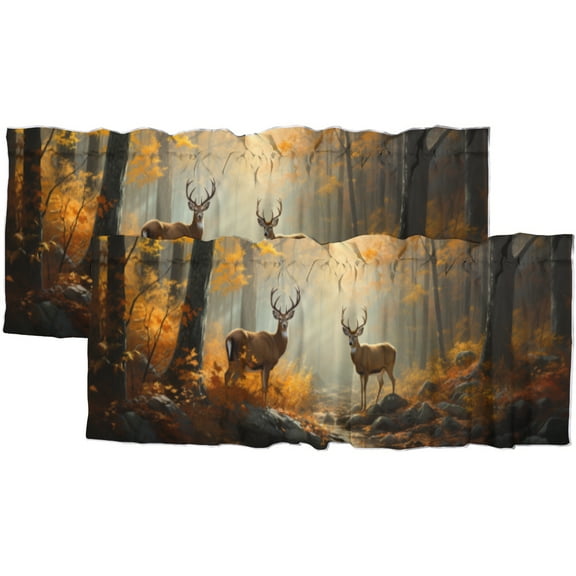 Fall Deer Forest Kitchen Valance Curtains Wildlife Animal Elk Rustic Cabin Moose Camping Window Valance for Living Room Bedroom, Kitchen Valance Rod Pocket Window Decor Curtain 54 by 18 in, 2 Panel