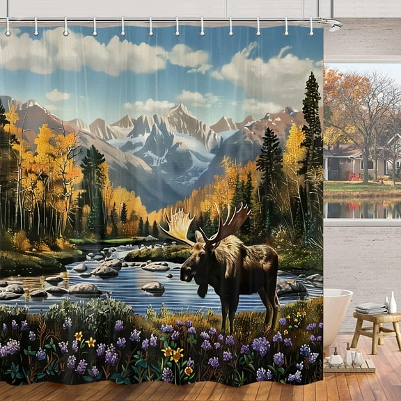 Fall Deer Shower Curtain, Autumn Farmhouse Cabin Forest Wildlife Animal Moose Shower Curtain, Country Natural Scenery Hunting Waterproof Fabric Bathroom Accessories Set with Hooks,70X70IN