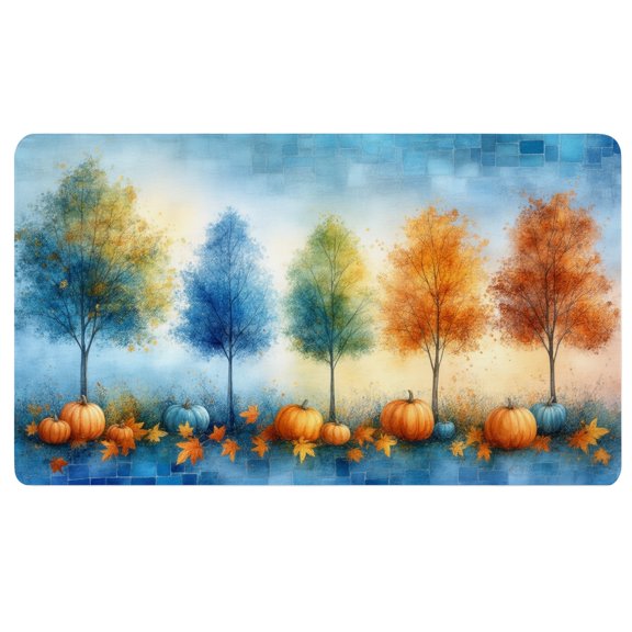 Fall Desk Mat,A painting of pumpkins and trees on a blue background,Thin Mouse Pad,Soft Mouse Pad,Mouse Pad for Teachers Desk