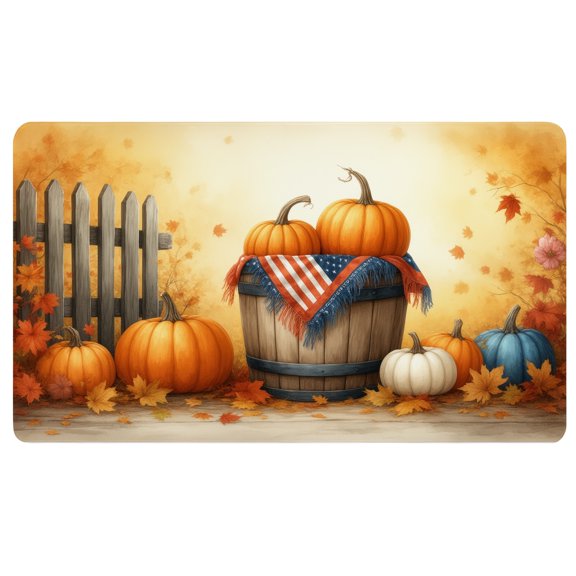 Fall Desk Mat,A wooden barrel filled with pumpkins next to a wooden fence,Large Mouse Pad Cute,Cloth Desk Mat,Graphic Mouse Pad