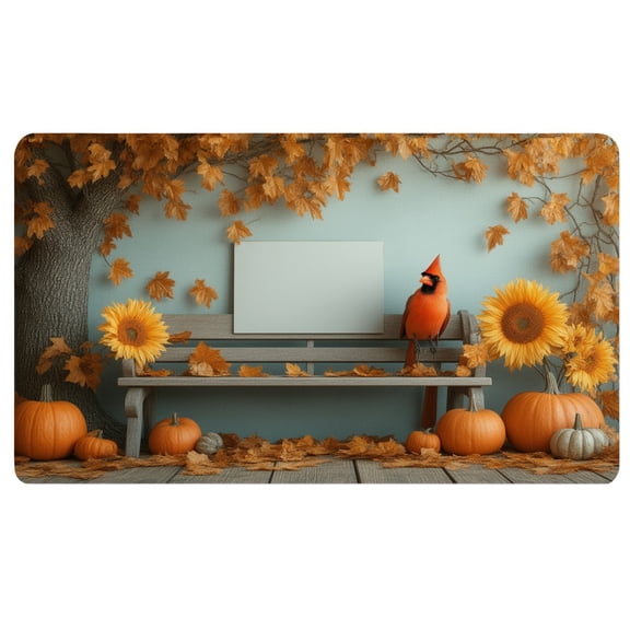 Fall Desk Pad,A red bird sitting on a bench surrounded by pumpkins and sunflowers,Medium Desk Mat,Non Slip Desk Pad,Mouse Pads for Desk